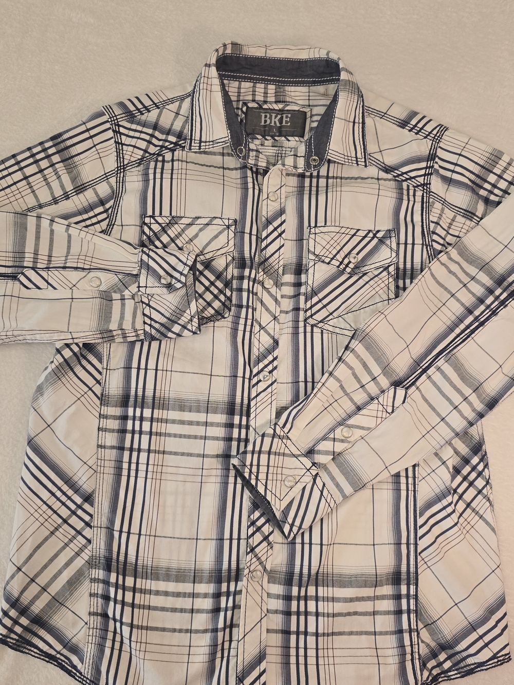 BKE Shirt Womens L Blue/Gray Plaid  Western Snap Button Long Sleeve Top